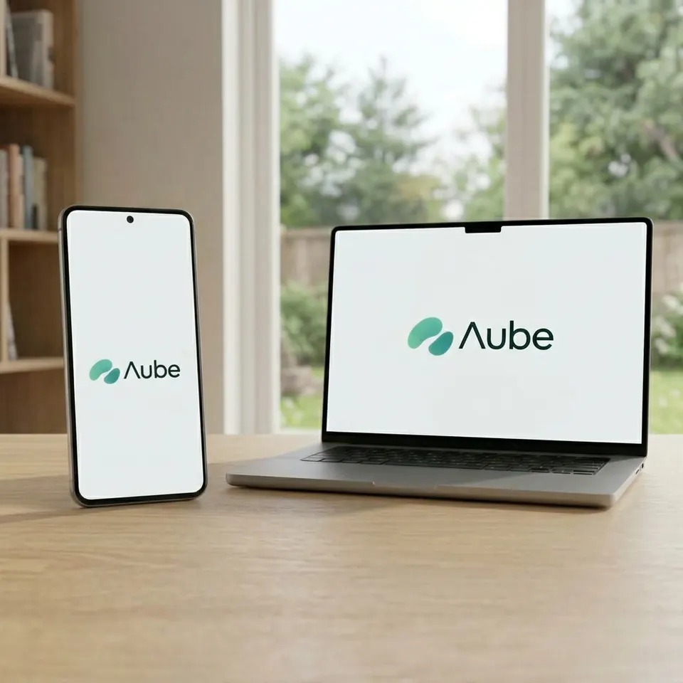 Aube abierta en un celular y en una laptop sobre un escritorio